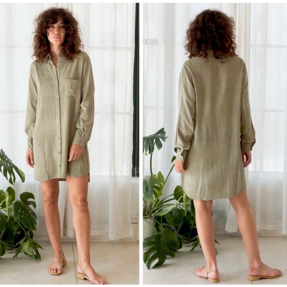 NWT Rachel Pally Rosie Cotton Linen Button Front Shirt Dress Khaki Green Large